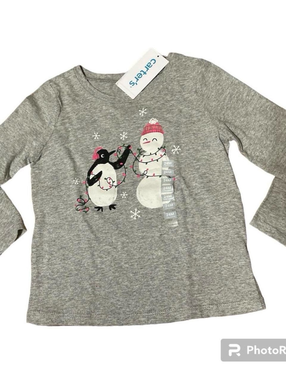 Carter’s Girls Christmas Long Sleeve Shirt – Gray, Cute Penguin & Snowman